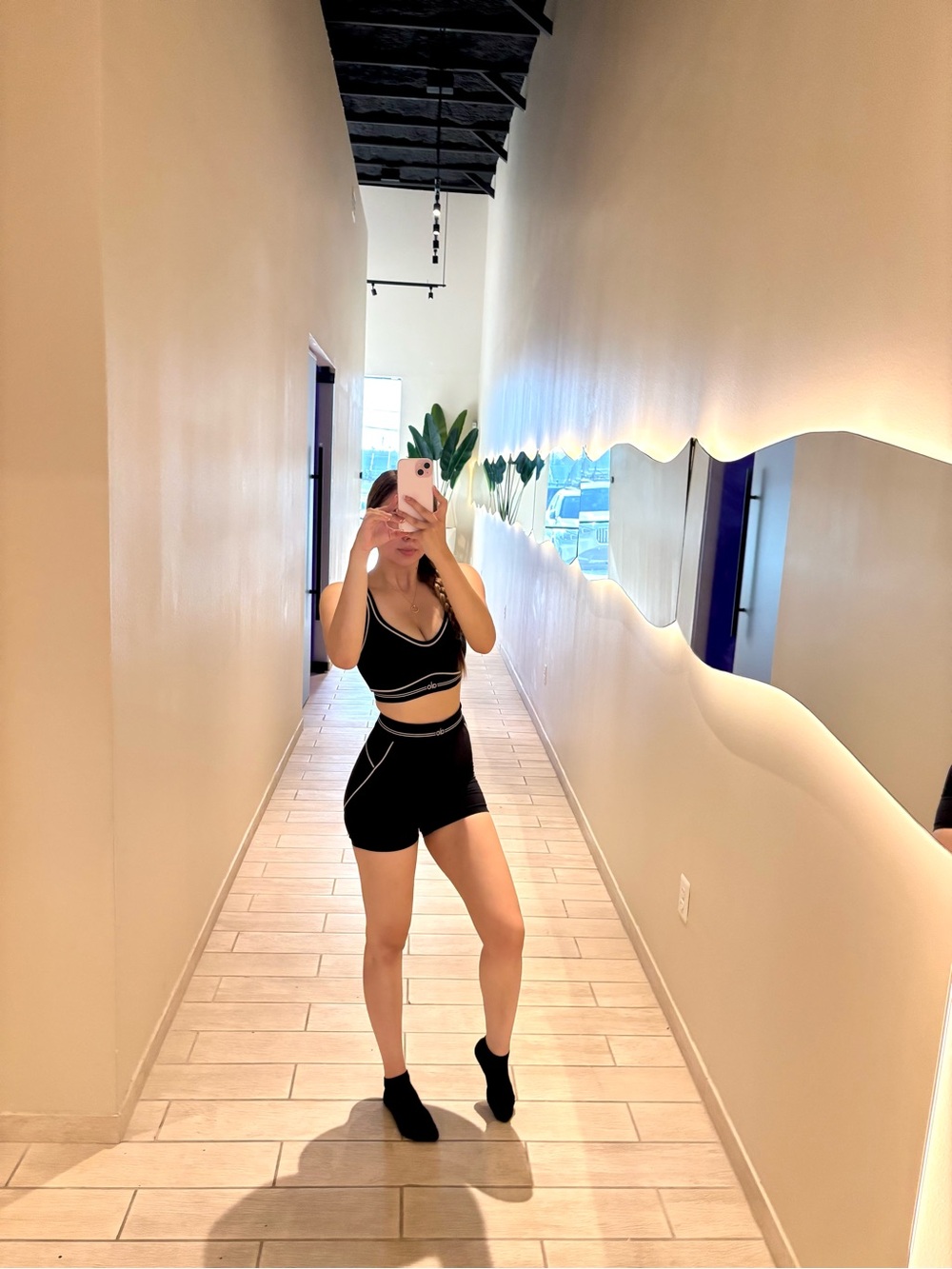 ALO Yoga Black Contrast-Piped Sports Bralette & High-Waist Shorts